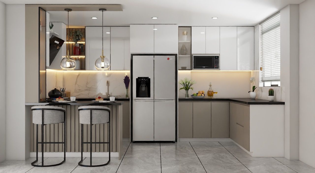 Cocina con barra y almacenamiento