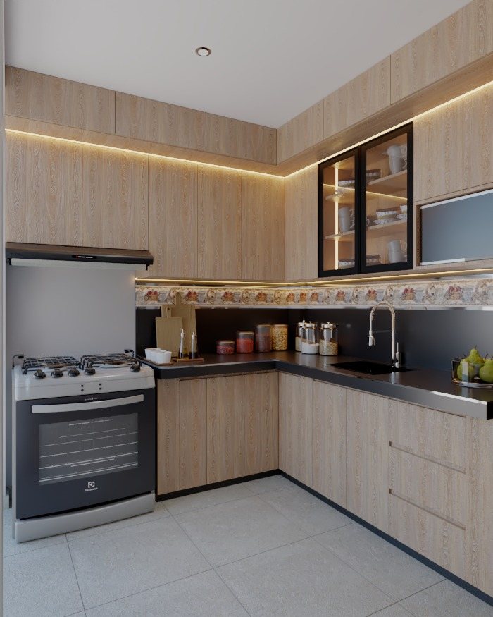 Cocina en acabado madera con iluminación LED